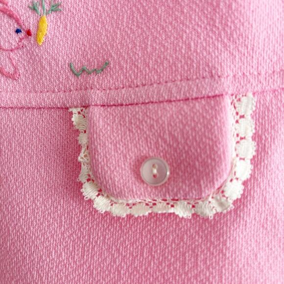 Vintage Baby Pink Dress Sz 12mo Lace Peter Pan Collar Embroidered Animal Mid Mod - Picture 5 of 11